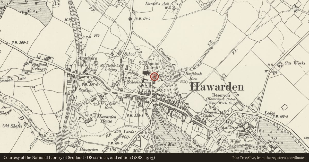 Ordnance Survey six-inch map, 2nd edition (1888–1913) covering the location of County Record Office (former Rectory), Hawarden, Flintshire, with a pin at the register's coordinates