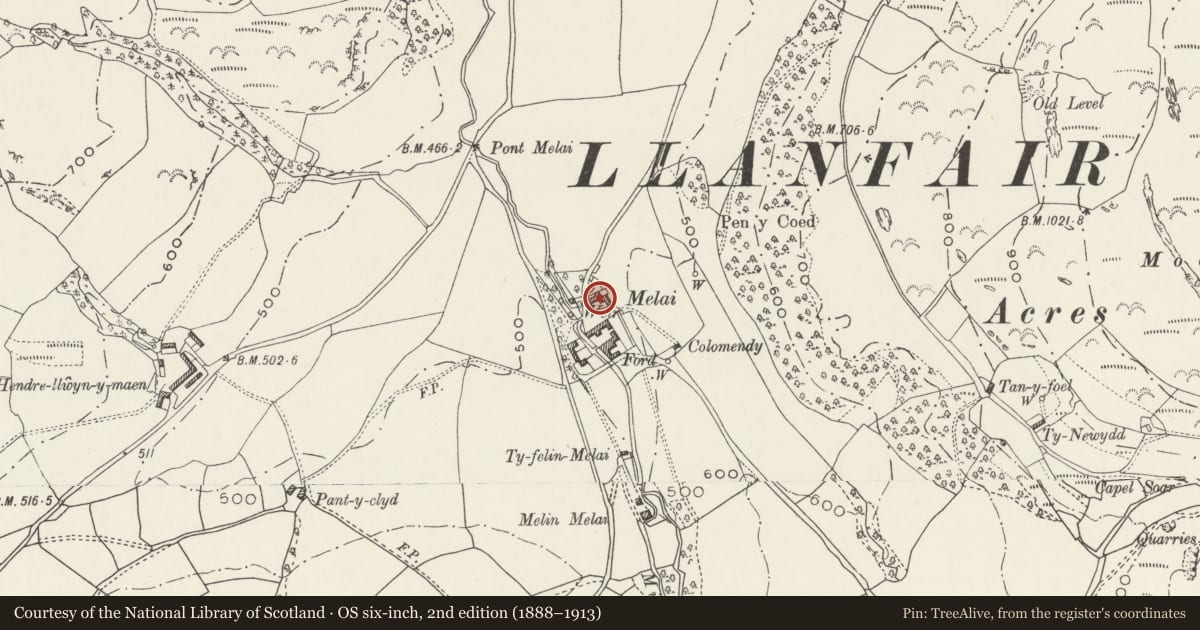 Ordnance Survey six-inch map, 2nd edition (1888–1913) covering the location of Melai, Llanfair Talhaiarn, Conwy, with a pin at the register's coordinates
