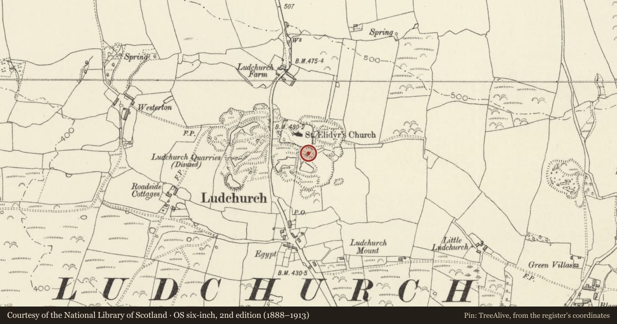 Ordnance Survey six-inch map, 2nd edition (1888–1913) covering the location of West Limekiln, Ludchurch Quarry, Lampeter Velfrey, Pembrokeshire, with a pin at the register's coordinates