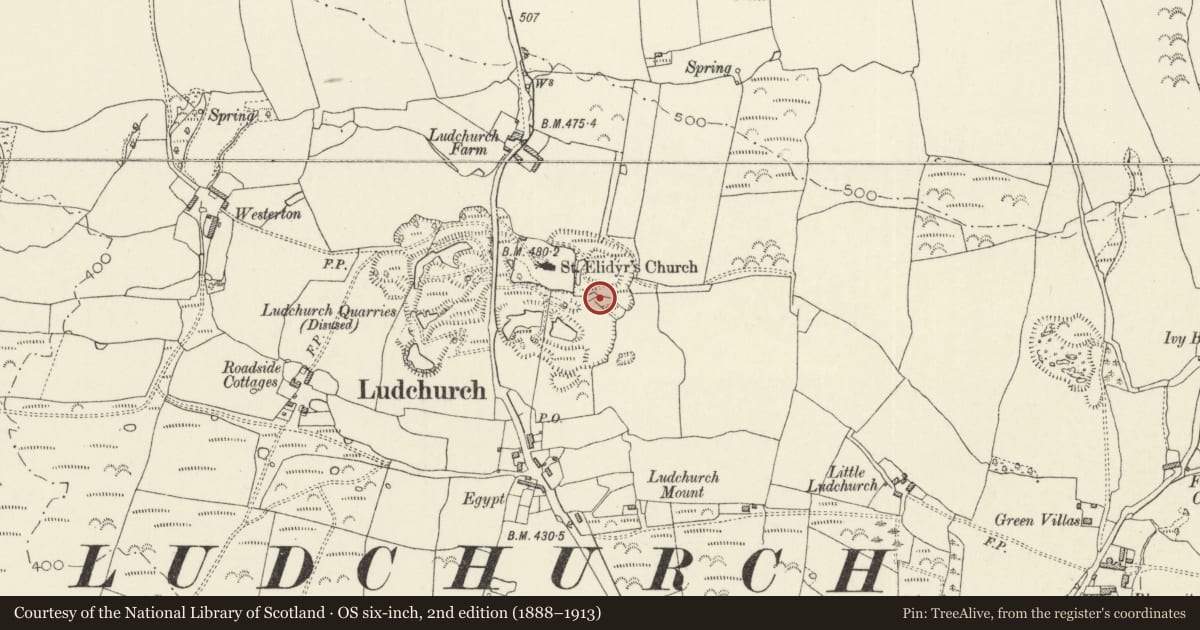 Ordnance Survey six-inch map, 2nd edition (1888–1913) covering the location of East Limekiln, Ludchurch Quarry, Lampeter Velfrey, Pembrokeshire, with a pin at the register's coordinates