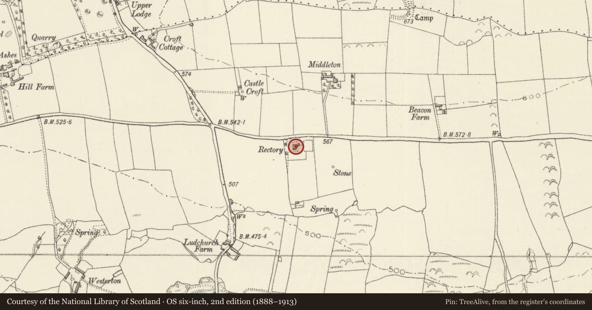 Ordnance Survey six-inch map, 2nd edition (1888–1913) covering the location of Tall Trees, Lampeter Velfrey, Pembrokeshire, with a pin at the register's coordinates