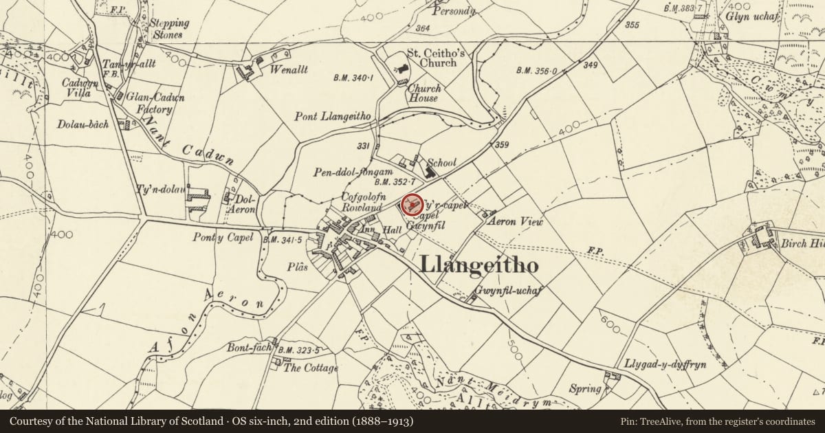 Ordnance Survey six-inch map, 2nd edition (1888–1913) covering the location of Ty Capel at Capel Gwynfil and outbuilding range attached to left, Llangeitho, Ceredigion, with a pin at the register's coordinates
