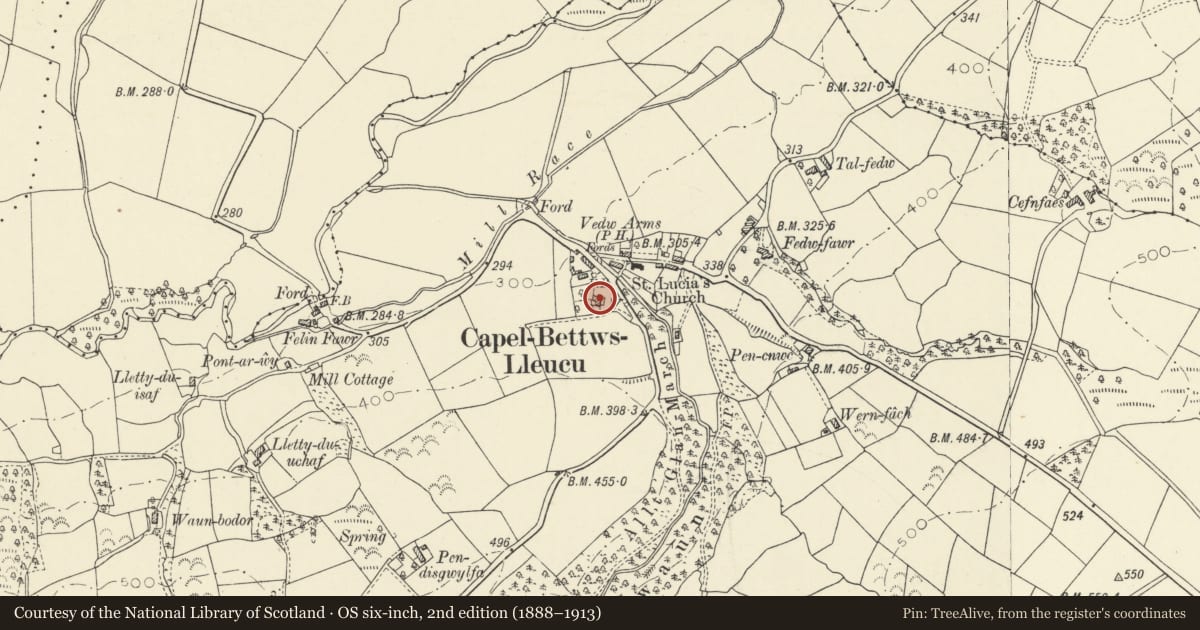 Ordnance Survey six-inch map, 2nd edition (1888–1913) covering the location of Glanmarch, Llangeitho, Ceredigion, with a pin at the register's coordinates