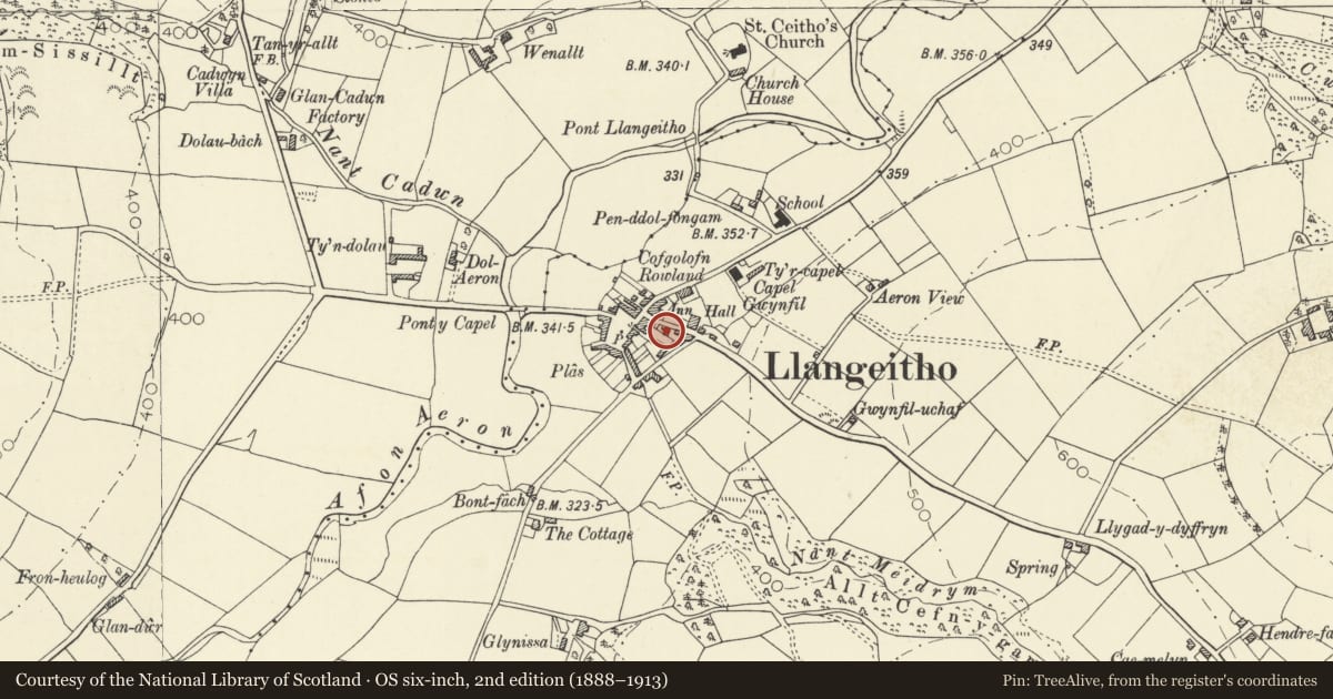 Ordnance Survey six-inch map, 2nd edition (1888–1913) covering the location of Noddfa, Llangeitho, Ceredigion, with a pin at the register's coordinates