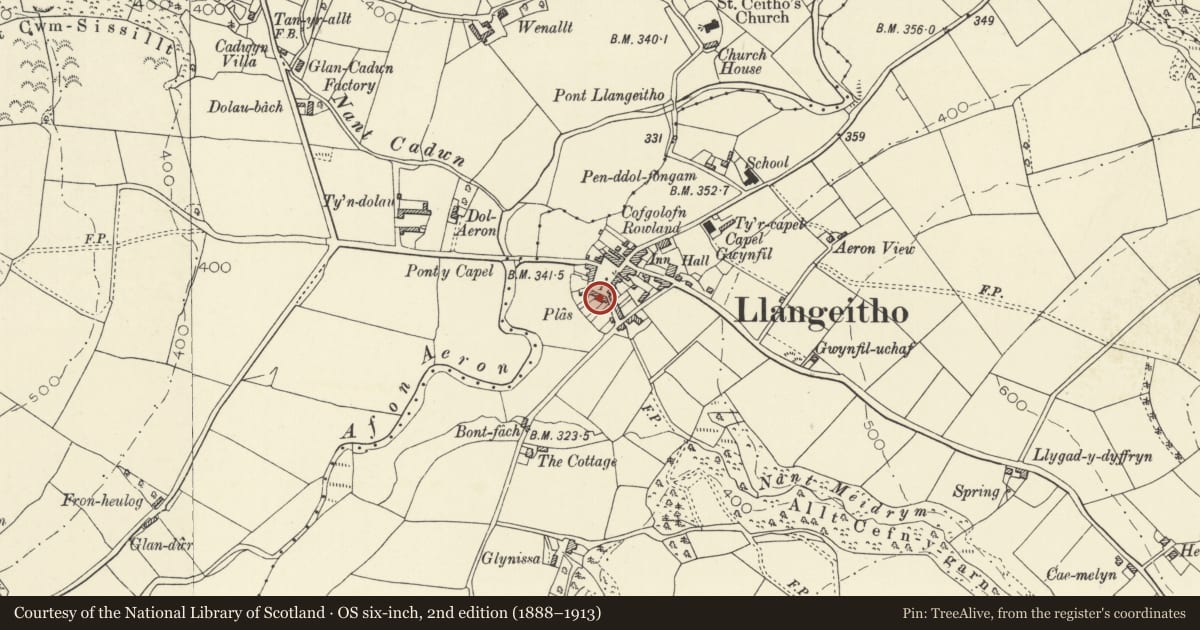 Ordnance Survey six-inch map, 2nd edition (1888–1913) covering the location of Plas, Llangeitho, Ceredigion, with a pin at the register's coordinates