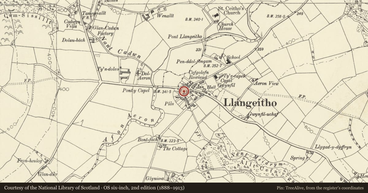 Ordnance Survey six-inch map, 2nd edition (1888–1913) covering the location of The War Memorial, Llangeitho, Ceredigion, with a pin at the register's coordinates