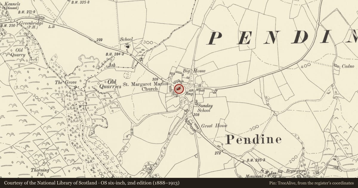 Ordnance Survey six-inch map, 2nd edition (1888–1913) covering the location of Church of St Margaret of Antioch, Pendine, Carmarthenshire, with a pin at the register's coordinates