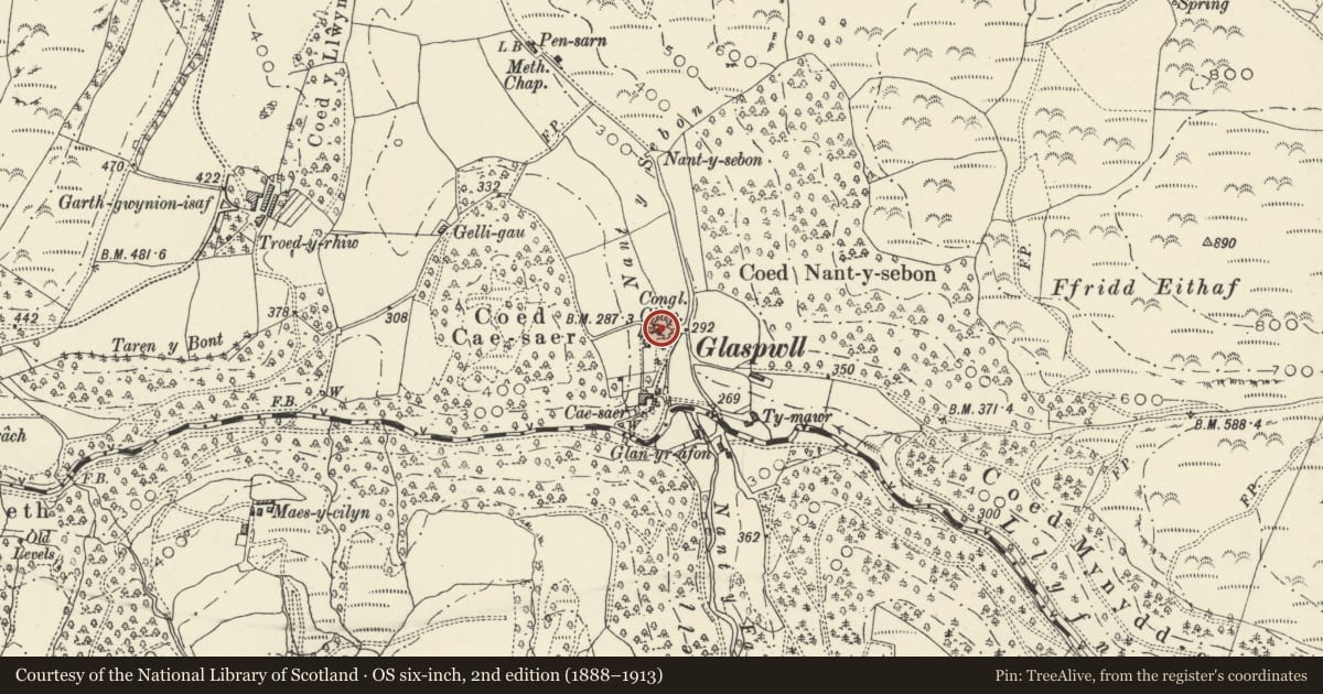 Ordnance Survey six-inch map, 2nd edition (1888–1913) covering the location of Pennal Independent Chapel, Cadfarch, Powys, with a pin at the register's coordinates