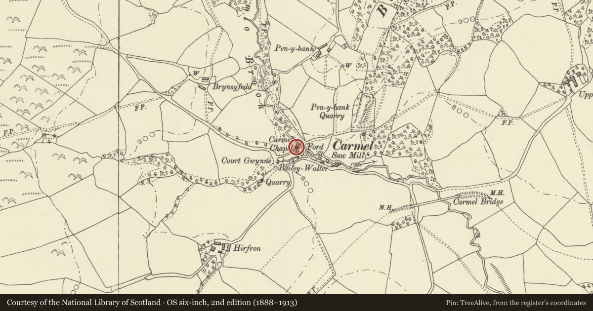 Ordnance Survey six-inch map, 2nd edition (1888–1913) covering the location of Carmel Independent Chapel, Nantmel, Powys, with a pin at the register's coordinates