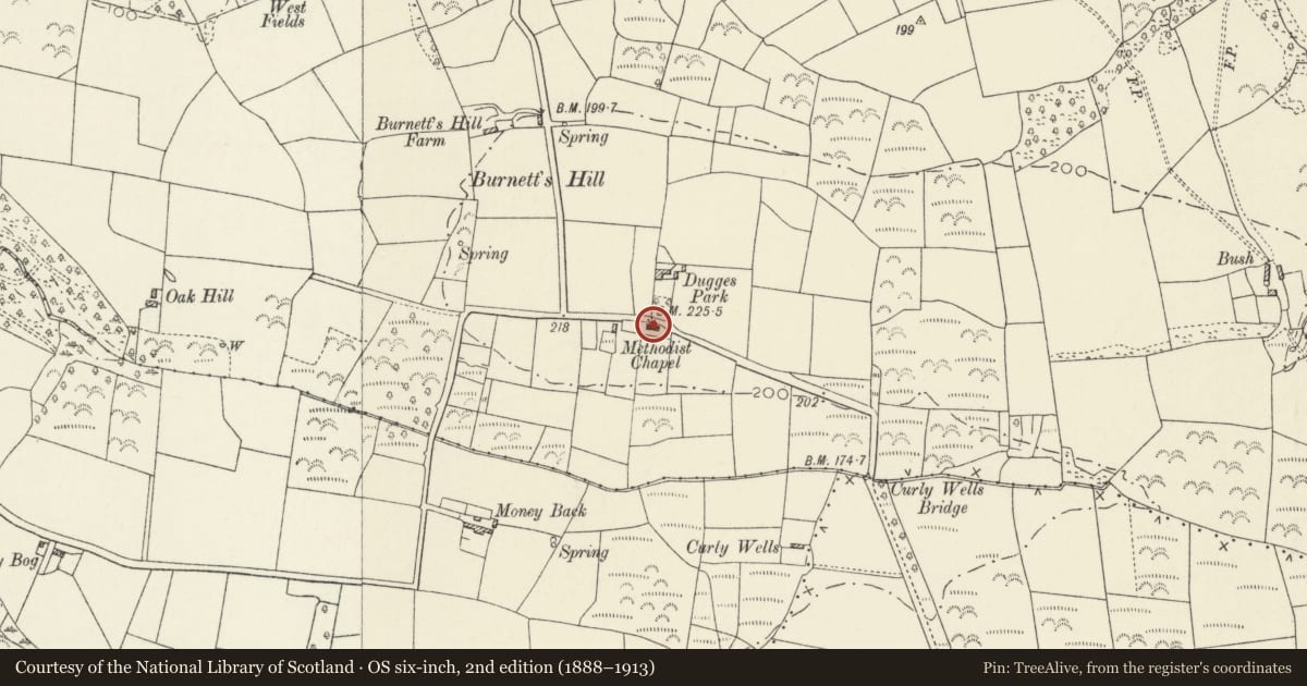 Ordnance Survey six-inch map, 2nd edition (1888–1913) covering the location of Burnett's Hill Calvinistic Methodist Chapel, Martletwy, Pembrokeshire, with a pin at the register's coordinates