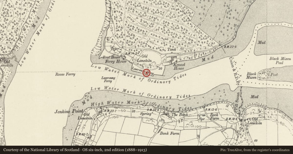 Ordnance Survey six-inch map, 2nd edition (1888–1913) covering the location of Lawrenny Quay, Martletwy, Pembrokeshire, with a pin at the register's coordinates