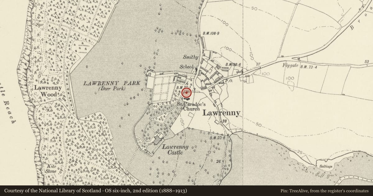 Ordnance Survey six-inch map, 2nd edition (1888–1913) covering the location of St Caradoc Churchyard Gateway, Martletwy, Pembrokeshire, with a pin at the register's coordinates