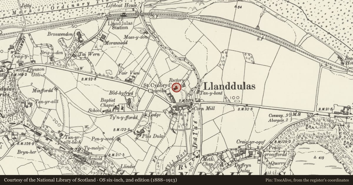 Ordnance Survey six-inch map, 2nd edition (1888–1913) covering the location of Parish Church of St Cynbryd, Llanddulas and Rhyd-y-Foel, Conwy, with a pin at the register's coordinates