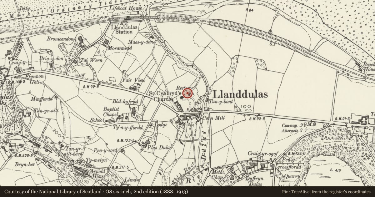 Ordnance Survey six-inch map, 2nd edition (1888–1913) covering the location of Memorial Cross at St Cynbryd's Church, Llanddulas and Rhyd-y-Foel, Conwy, with a pin at the register's coordinates