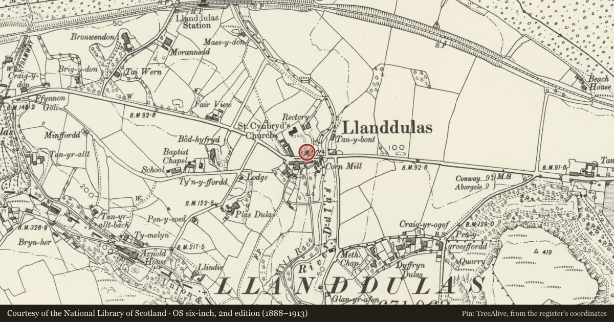 Ordnance Survey six-inch map, 2nd edition (1888–1913) covering the location of Lychgate at St Cynbryd's Church, Llanddulas and Rhyd-y-Foel, Conwy, with a pin at the register's coordinates