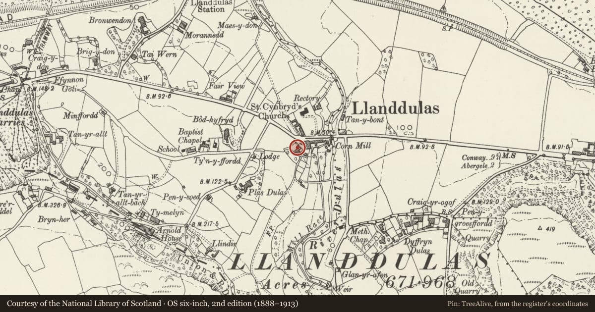 Ordnance Survey six-inch map, 2nd edition (1888–1913) covering the location of Ty Ucha, Llanddulas and Rhyd-y-Foel, Conwy, with a pin at the register's coordinates