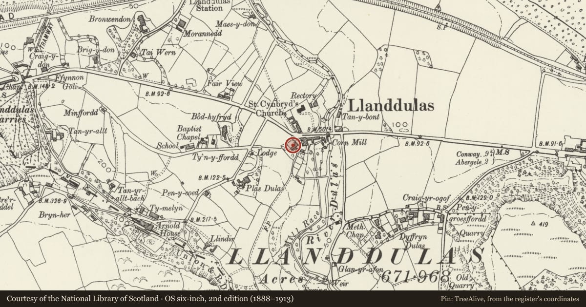 Ordnance Survey six-inch map, 2nd edition (1888–1913) covering the location of Ty Ucha, Llanddulas and Rhyd-y-Foel, Conwy, with a pin at the register's coordinates
