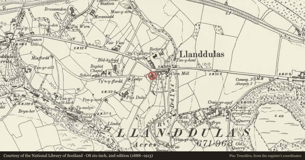Ordnance Survey six-inch map, 2nd edition (1888–1913) covering the location of Ty Ucha House, Llanddulas and Rhyd-y-Foel, Conwy, with a pin at the register's coordinates