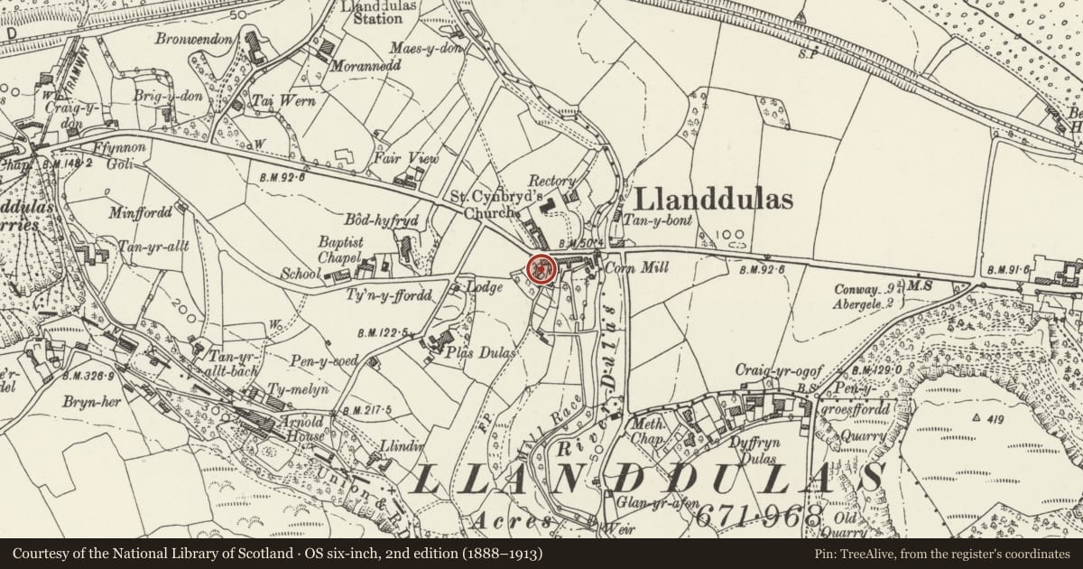Ordnance Survey six-inch map, 2nd edition (1888–1913) covering the location of Ty Ucha Bach, Llanddulas and Rhyd-y-Foel, Conwy, with a pin at the register's coordinates
