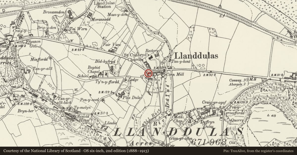 Ordnance Survey six-inch map, 2nd edition (1888–1913) covering the location of Ty Ucha Cottage, Llanddulas and Rhyd-y-Foel, Conwy, with a pin at the register's coordinates