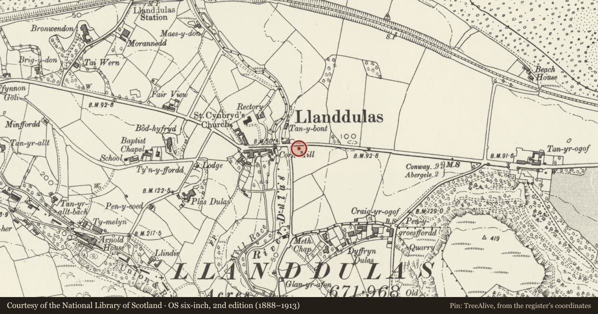 Ordnance Survey six-inch map, 2nd edition (1888–1913) covering the location of Church Hall including Tool Shed to S, Llanddulas and Rhyd-y-Foel, Conwy, with a pin at the register's coordinates