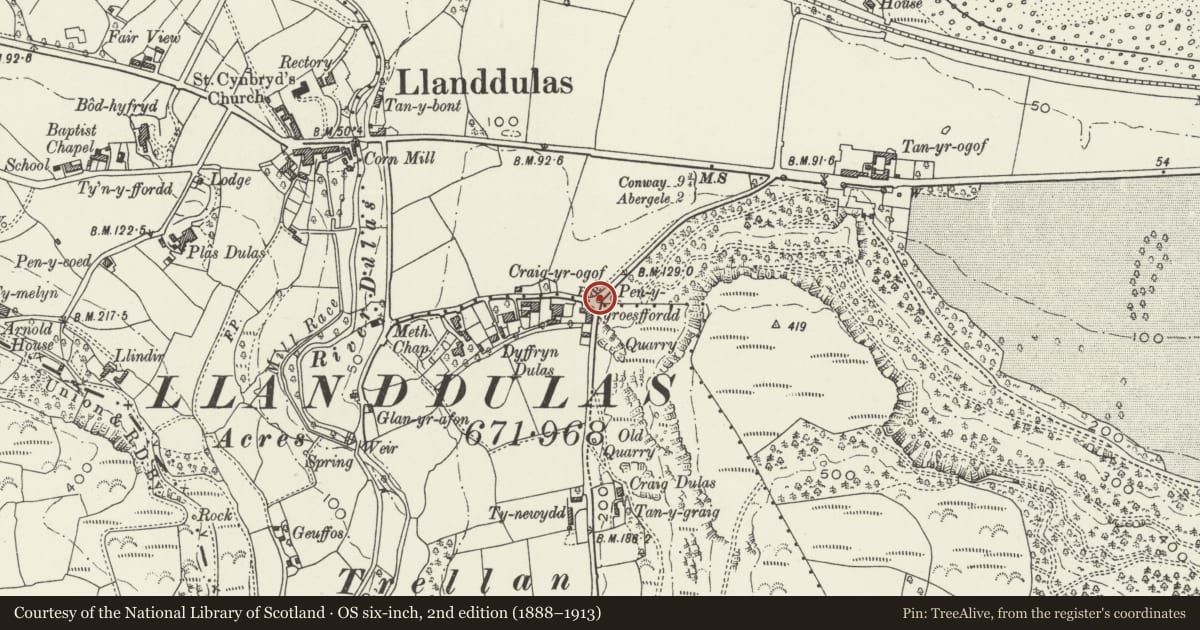 Ordnance Survey six-inch map, 2nd edition (1888–1913) covering the location of Boundary Stone at junction of Rhyd-y-Foel and Clipterfyn Roads, Llanddulas and Rhyd-y-Foel, Conwy, with a pin at the register's coordinates