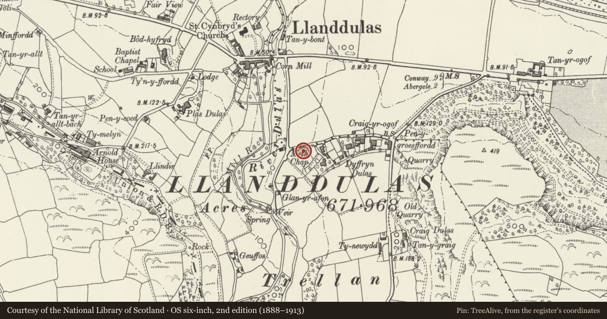 Ordnance Survey six-inch map, 2nd edition (1888–1913) covering the location of Bryn Tirion, Llanddulas and Rhyd-y-Foel, Conwy, with a pin at the register's coordinates