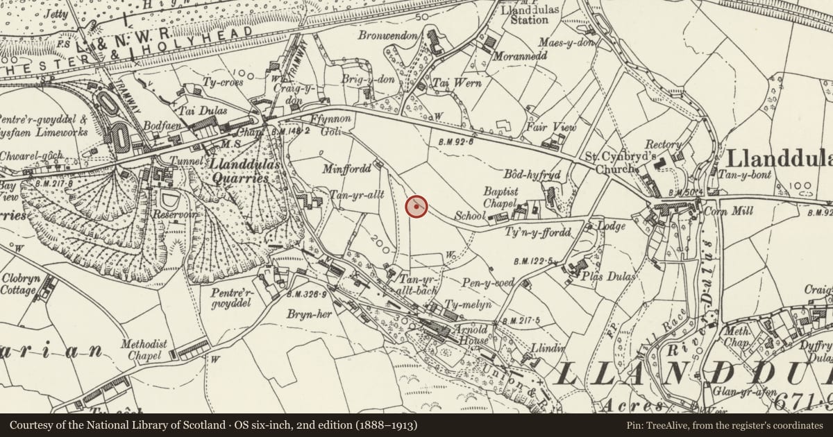 Ordnance Survey six-inch map, 2nd edition (1888–1913) covering the location of Ty Gwyn, Llanddulas and Rhyd-y-Foel, Conwy, with a pin at the register's coordinates