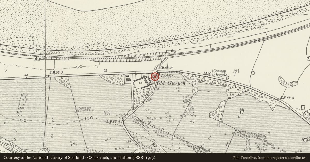 Ordnance Survey six-inch map, 2nd edition (1888–1913) covering the location of Hen Wrych, Llanddulas and Rhyd-y-Foel, Conwy, with a pin at the register's coordinates