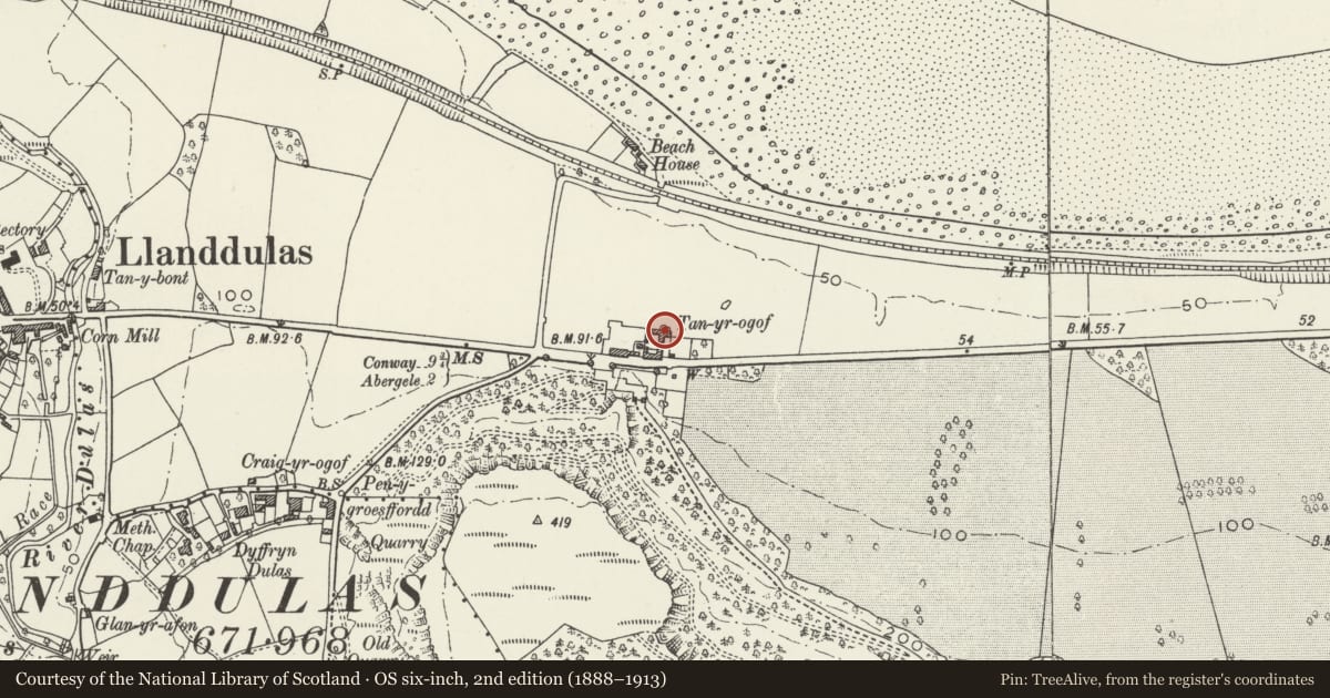 Ordnance Survey six-inch map, 2nd edition (1888–1913) covering the location of Stable and Cart House Range at Tan-yr-Ogof Farm, Llanddulas and Rhyd-y-Foel, Conwy, with a pin at the register's coordinates