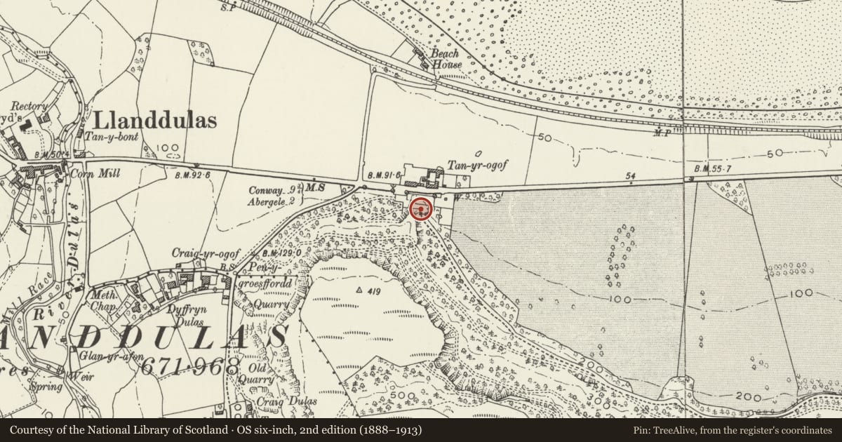 Ordnance Survey six-inch map, 2nd edition (1888–1913) covering the location of Northern Towers, Llanddulas and Rhyd-y-Foel, Conwy, with a pin at the register's coordinates