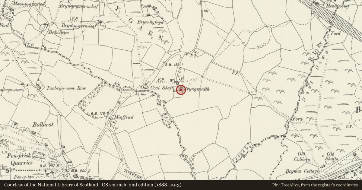 Ordnance Survey six-inch map, 2nd edition (1888–1913) covering the location of Barn at Bryngwenith, Coychurch Higher, Bridgend, with a pin at the register's coordinates