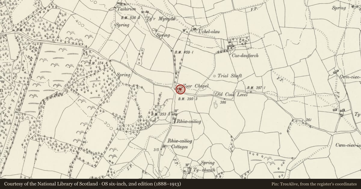 Ordnance Survey six-inch map, 2nd edition (1888–1913) covering the location of Zoar Chapel, Coychurch Higher, Bridgend, with a pin at the register's coordinates