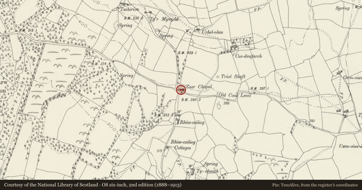 Ordnance Survey six-inch map, 2nd edition (1888–1913) covering the location of Zoar Chapel Vestry, Coychurch Higher, Bridgend, with a pin at the register's coordinates