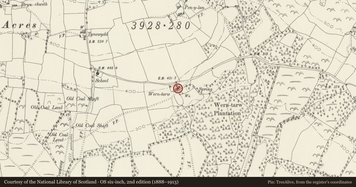 Ordnance Survey six-inch map, 2nd edition (1888–1913) covering the location of Wern Tarw and attached Cowhouse, Coychurch Higher, Bridgend, with a pin at the register's coordinates