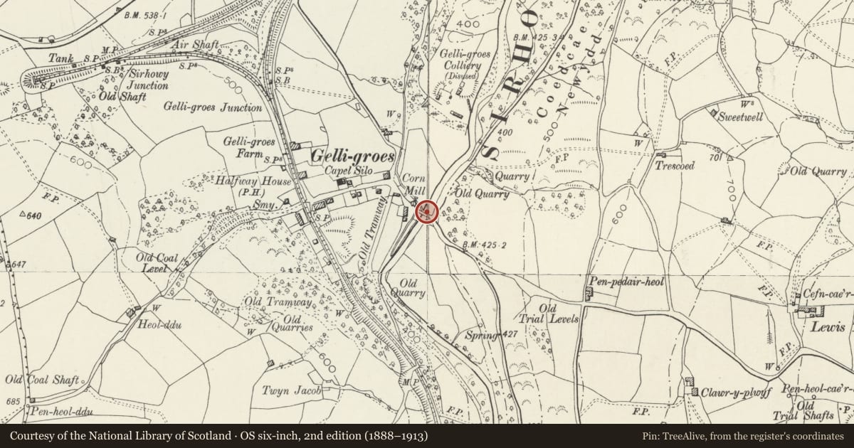 Ordnance Survey six-inch map, 2nd edition (1888–1913) covering the location of Bridge over Sirhowy River at Gelligroes, Ynysddu, Caerphilly, with a pin at the register's coordinates