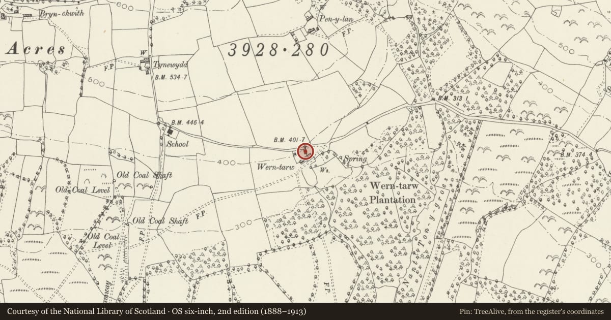 Ordnance Survey six-inch map, 2nd edition (1888–1913) covering the location of Barn at Wern Tarw, Coychurch Higher, Bridgend, with a pin at the register's coordinates