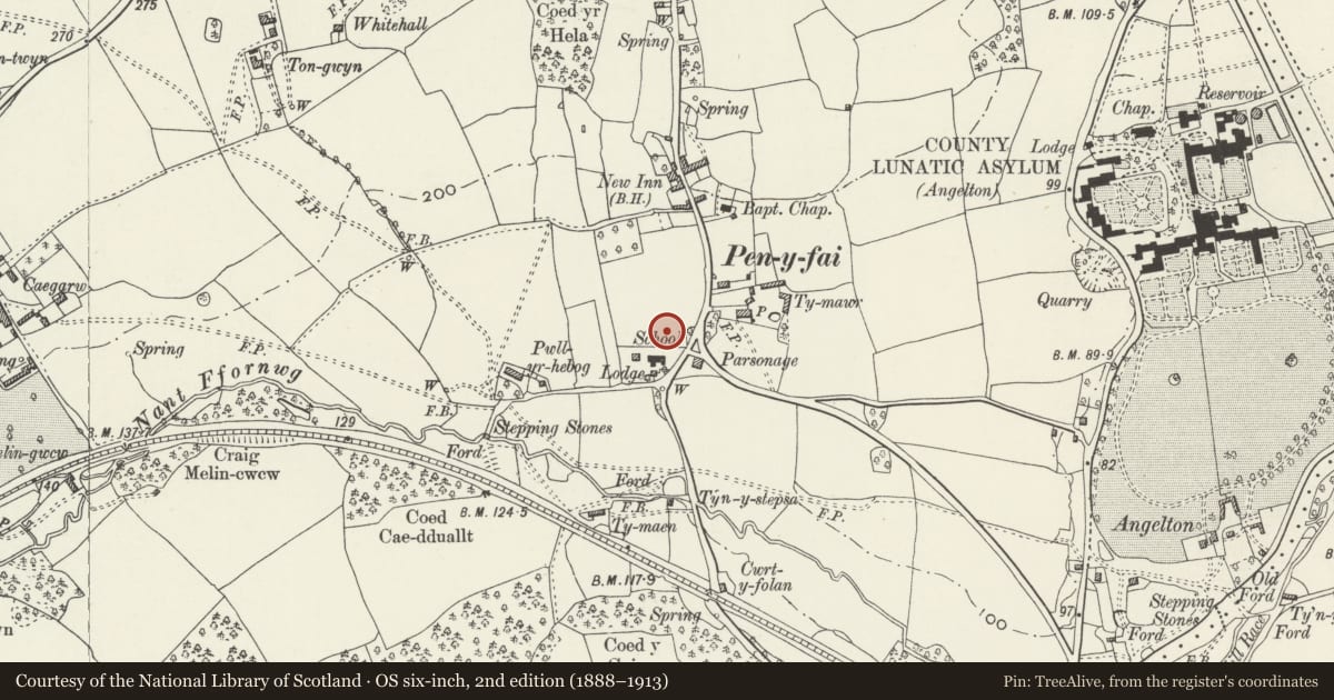 Ordnance Survey six-inch map, 2nd edition (1888–1913) covering the location of Church of All Saints, Pen-y-Fai, Newcastle Higher, Bridgend, with a pin at the register's coordinates