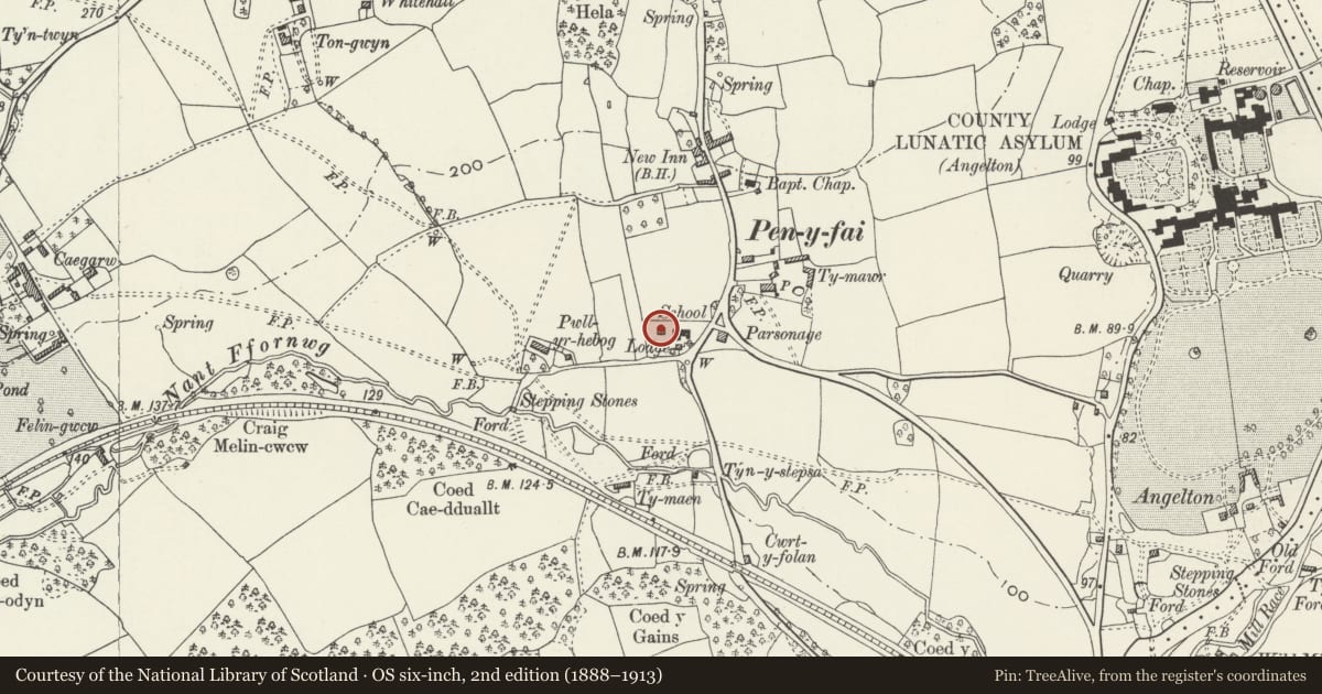 Ordnance Survey six-inch map, 2nd edition (1888–1913) covering the location of School Lodge, Newcastle Higher, Bridgend, with a pin at the register's coordinates
