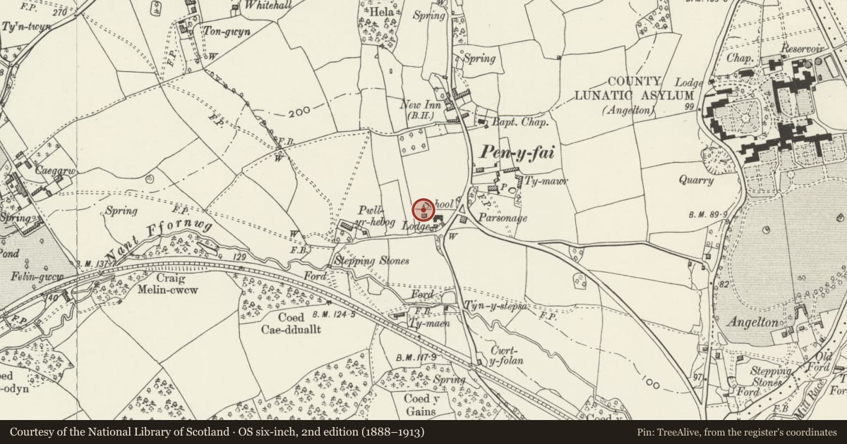 Ordnance Survey six-inch map, 2nd edition (1888–1913) covering the location of Gateway at former entrance to Court Colman, Newcastle Higher, Bridgend, with a pin at the register's coordinates