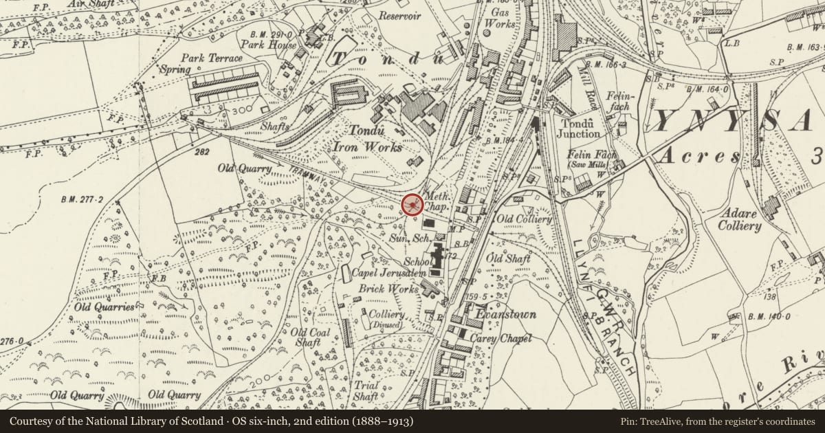 Ordnance Survey six-inch map, 2nd edition (1888–1913) covering the location of Bridge over Incline Plane Tondu, Newcastle Higher, Bridgend, with a pin at the register's coordinates