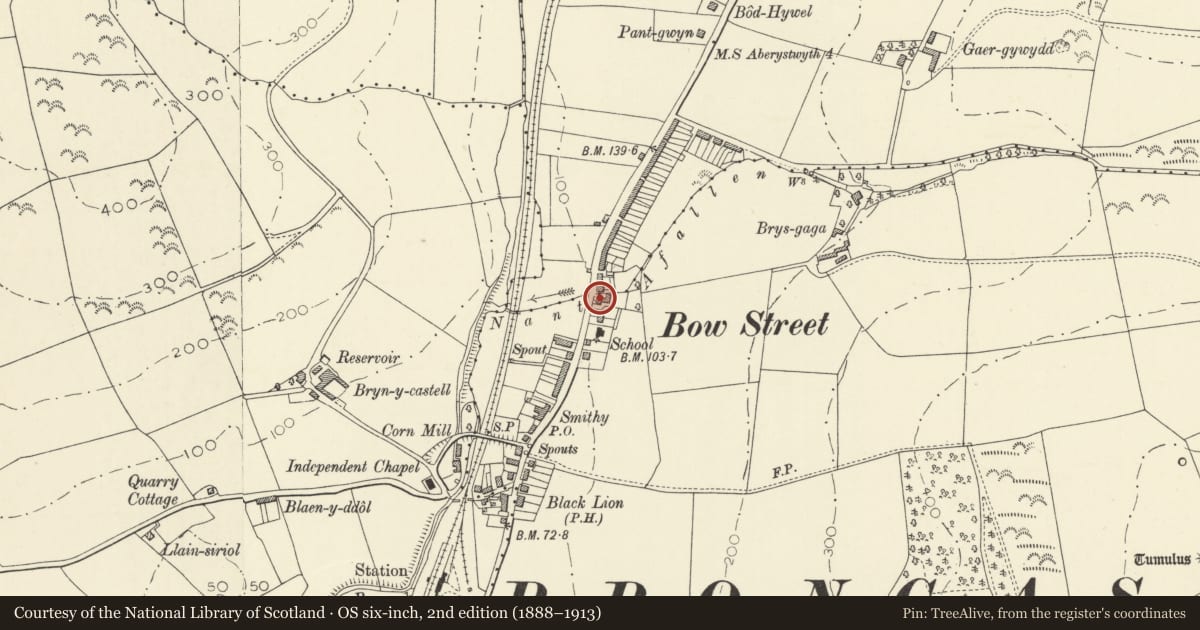 Ordnance Survey six-inch map, 2nd edition (1888–1913) covering the location of Cambrian House, Tirymynach, Ceredigion, with a pin at the register's coordinates