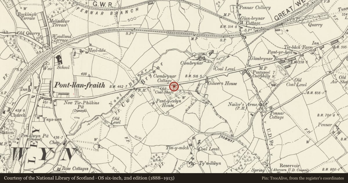 Ordnance Survey six-inch map, 2nd edition (1888–1913) covering the location of Cwmbrynar aka Cwmbraenar Cottage, Pontllanfraith, Caerphilly, with a pin at the register's coordinates