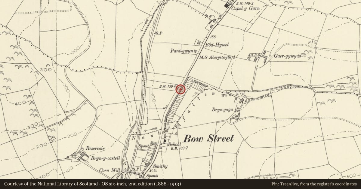 Ordnance Survey six-inch map, 2nd edition (1888–1913) covering the location of Penrhiw, Tirymynach, Ceredigion, with a pin at the register's coordinates