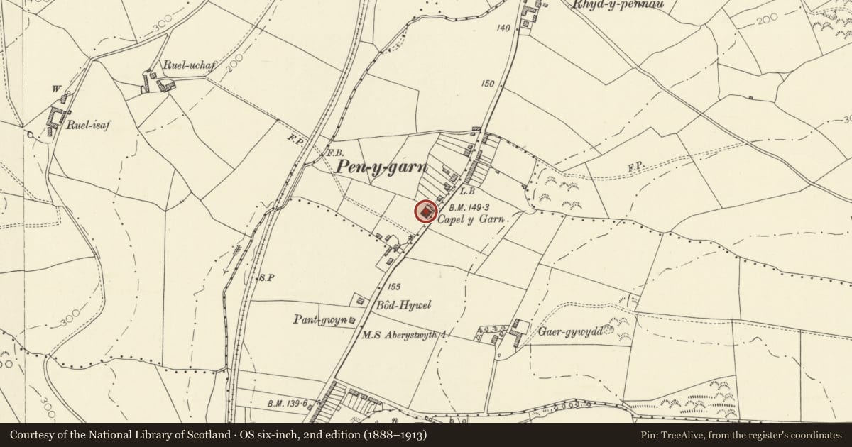 Ordnance Survey six-inch map, 2nd edition (1888–1913) covering the location of Capel y Garn, Tirymynach, Ceredigion, with a pin at the register's coordinates