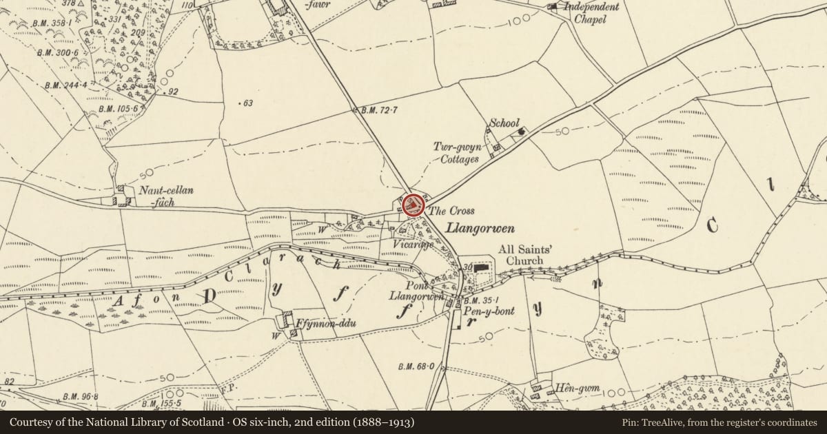 Ordnance Survey six-inch map, 2nd edition (1888–1913) covering the location of No 2 The Cross, Tirymynach, Ceredigion, with a pin at the register's coordinates