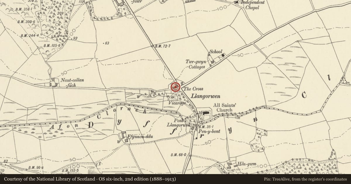 Ordnance Survey six-inch map, 2nd edition (1888–1913) covering the location of No 3 The Cross, Tirymynach, Ceredigion, with a pin at the register's coordinates