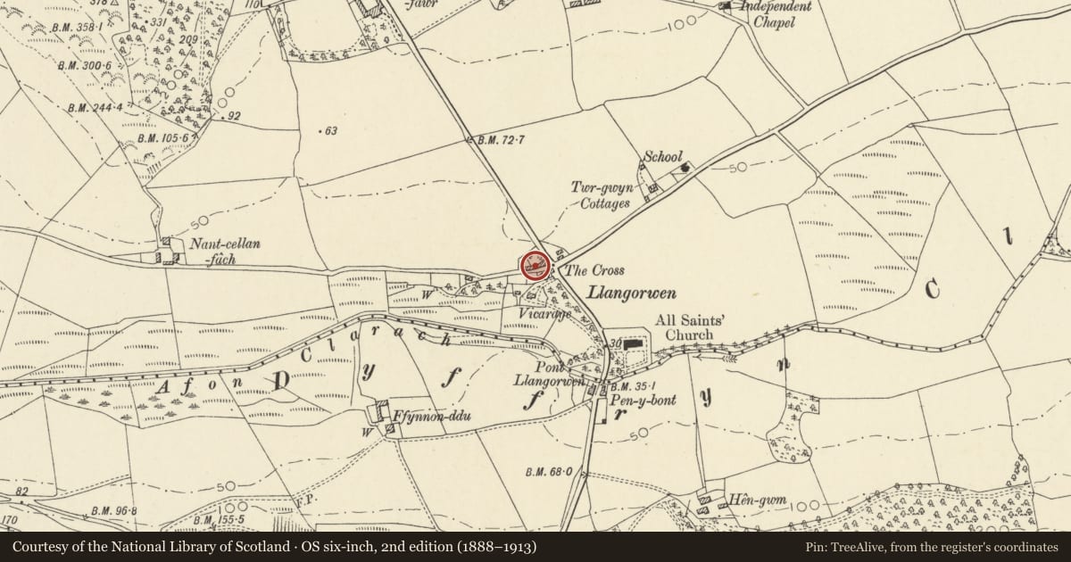 Ordnance Survey six-inch map, 2nd edition (1888–1913) covering the location of Crow's Nest, No 4 The Cross, Tirymynach, Ceredigion, with a pin at the register's coordinates