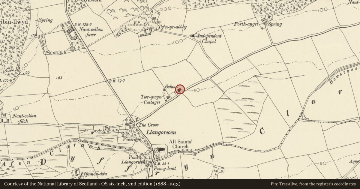Ordnance Survey six-inch map, 2nd edition (1888–1913) covering the location of Church Hall, Tirymynach, Ceredigion, with a pin at the register's coordinates