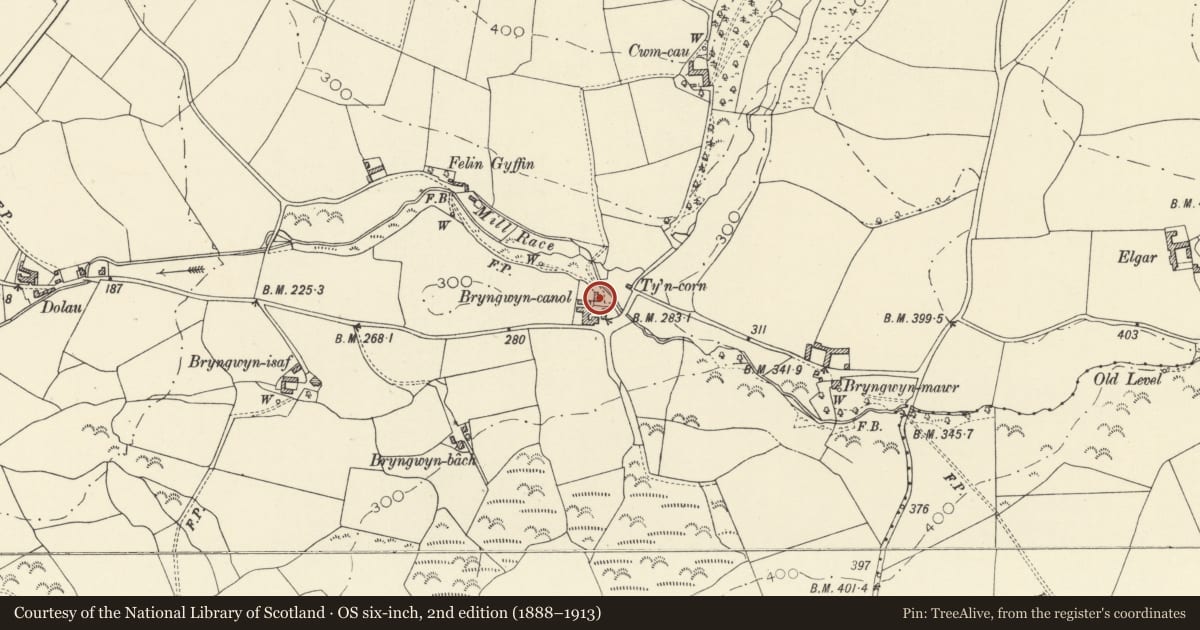 Ordnance Survey six-inch map, 2nd edition (1888–1913) covering the location of Bryngwyn Canol, Tirymynach, Ceredigion, with a pin at the register's coordinates